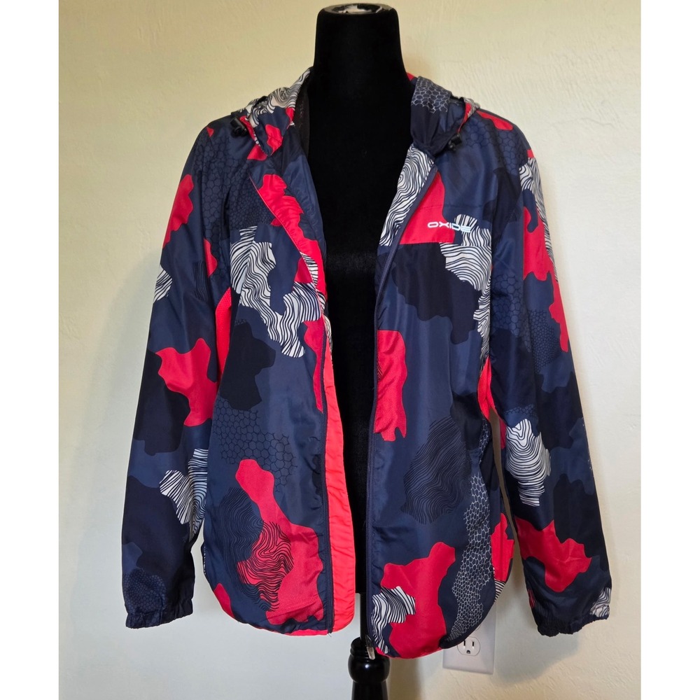 OXIDE Men's M/38  Hooded Windbreaker Jacket Blue Red Camo Print Lightweight Zip